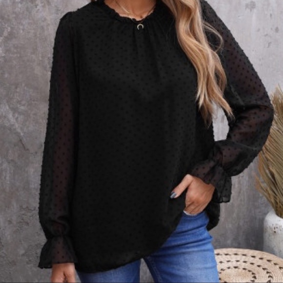 Tops - Black Ruffled Crewneck Swiss Dot Bubble Blouse